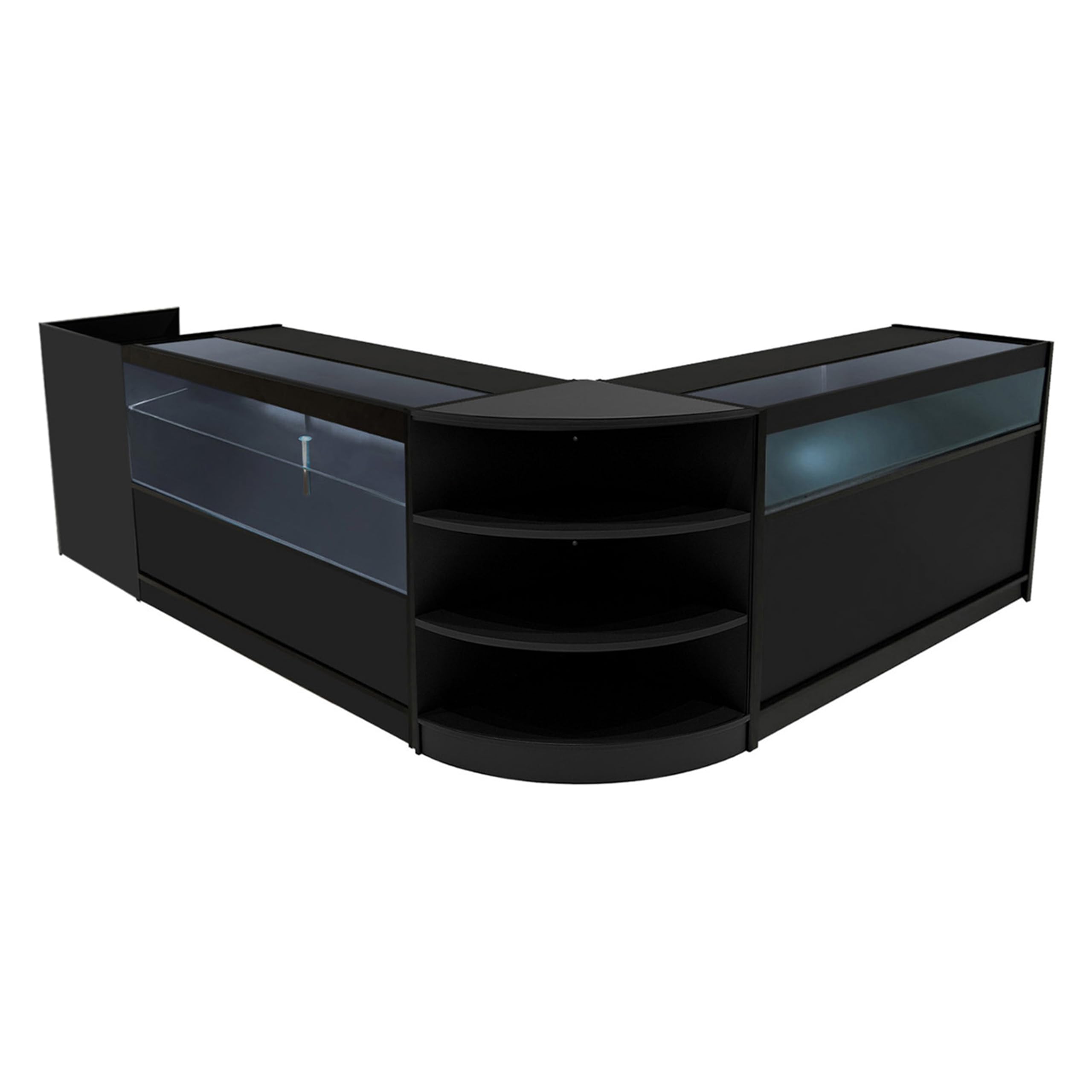 Black Shop Counter Set Europa LED Light B1500 C1500 LM60 TB60 150 cm 60 cm W Zamykane drzwi przesuwne Klucze Retail Storage Units Till Block Glass Display Gablota Szafka Narożna Odzież Biżuteria Półki