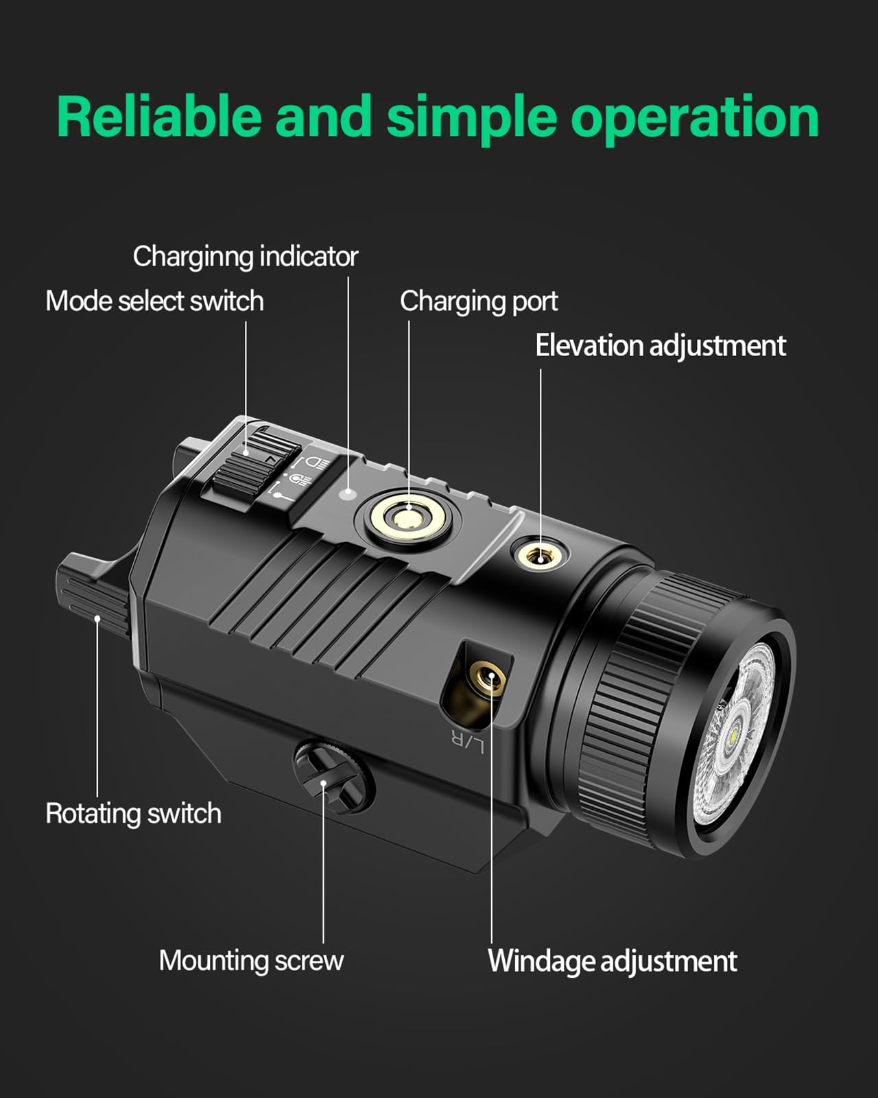 DARKFANG 1200 lumens Picatinny lampe de poche et laser vert combo avec batterie rechargeable extérieure intégrée
