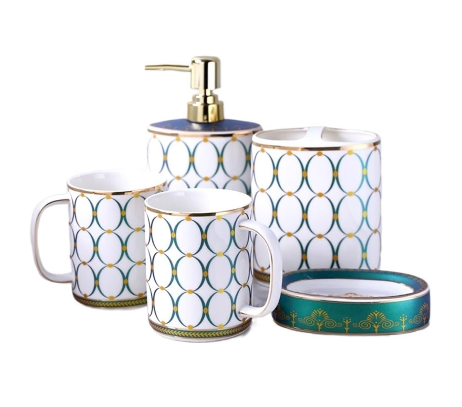 Badzubehör Set Badezimmer Set Bad-Accessoires-Set Badezimmer-Accessoires-Set Aus Keramik, Bad-Accessoire, Komplettset, Dekor, 5-teiliges Set Badezimmer Zubehör Set Badezimmerzubehör-Set(Grün)