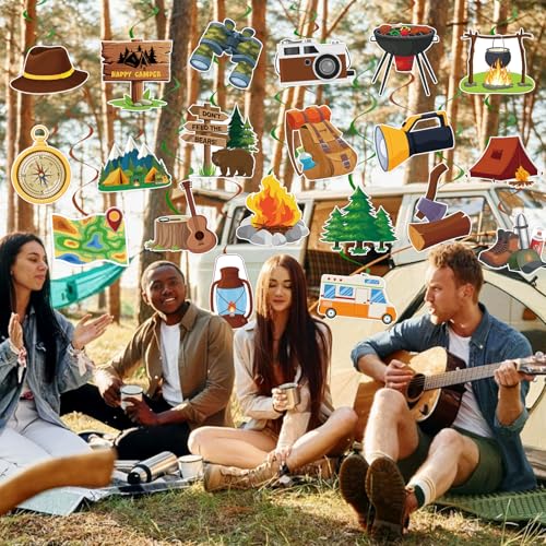 Image of 40Pcs Camping Hanging Swirl Decorations, Happy Camper Party Hanging Swirls Camping Adventure Bears Tent Telescope Sign Foil Swirls Ceiling Decorations for Camping Birthday Baby Shower Party Decor