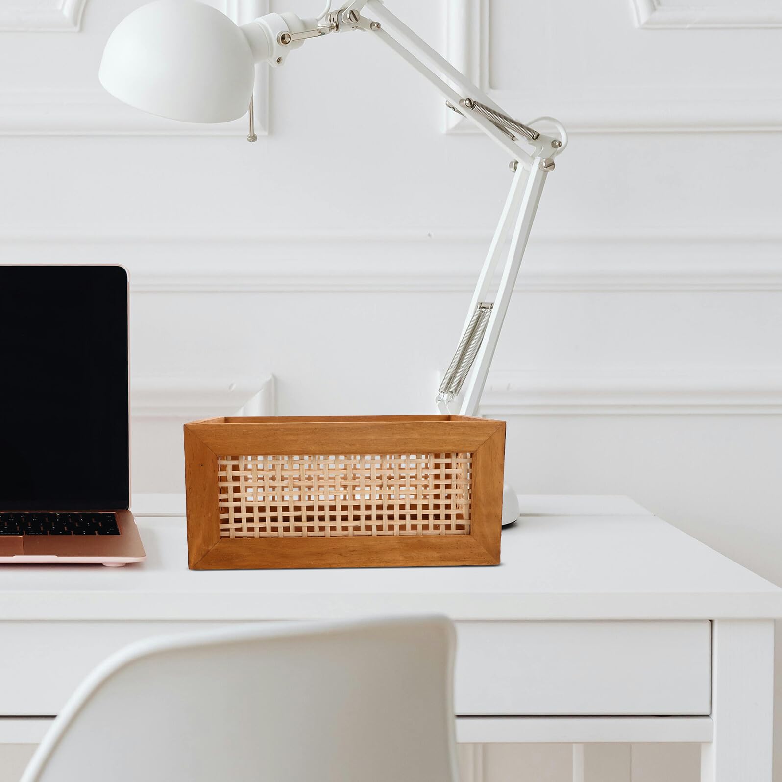 Cesta Rústica de Madera Rectangular para Almacenamiento y Decoración | Bambú Tejido, Asas Integradas, Color Caqui, Uso en Encimera y Oficina, Apta para Libros y Material