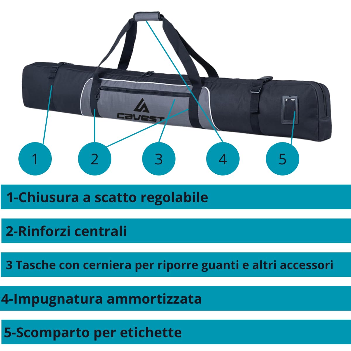 cavest Borsa da sci imbottita impermeabile, rinforzata da 1,70 e 1,90, custodia sci e bastoni.