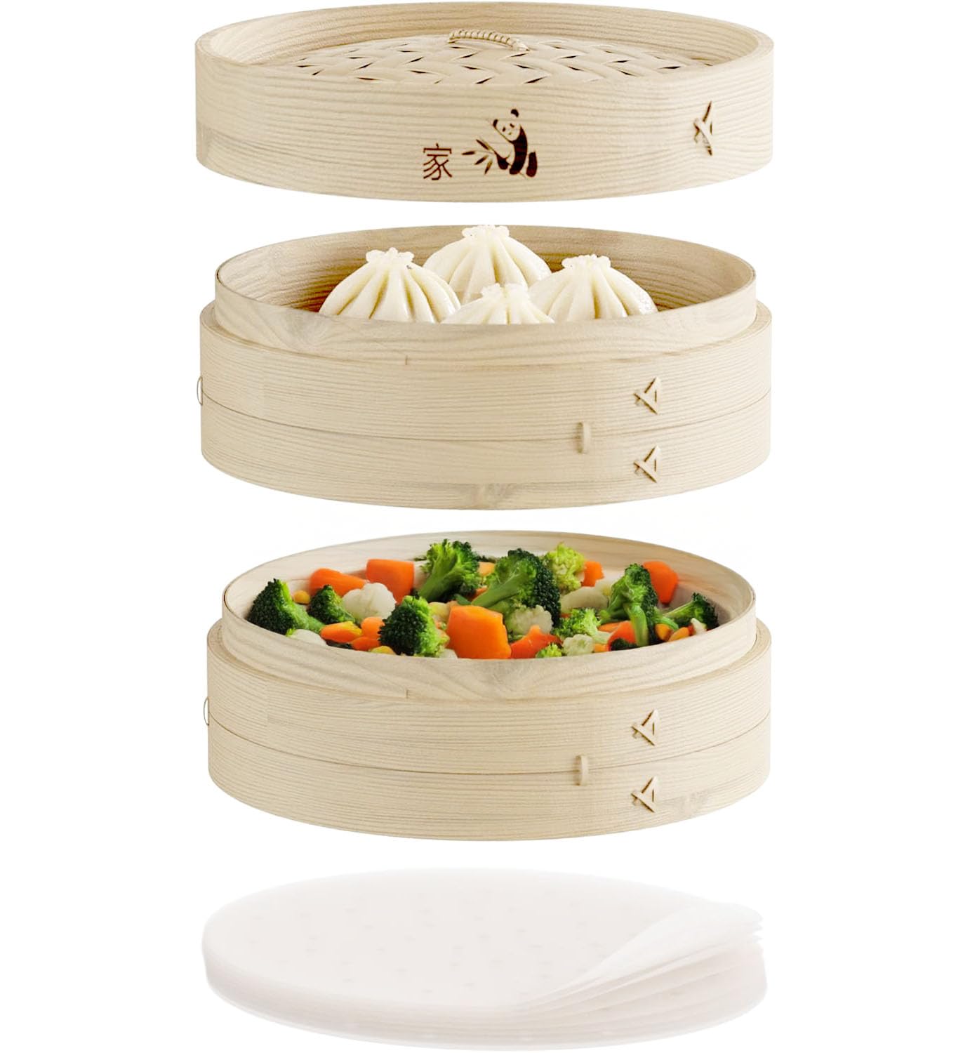 Prime Home Direct Bamboo Steamer Basket 8-Inch | 2-Tier Steamer for Cooking | 50 Liners | Small Instant Steaming Cookware Asian Food, Bao Buns, Chinese, Dim Sum, Dumpling, Rice, Vegetable Steam Pot