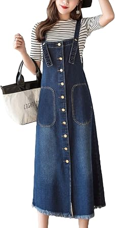 Flygo Womens Button Front Midi Long Denim Jean Jumpers Overall Pinafore Dress Skirt US 2-4, Blue