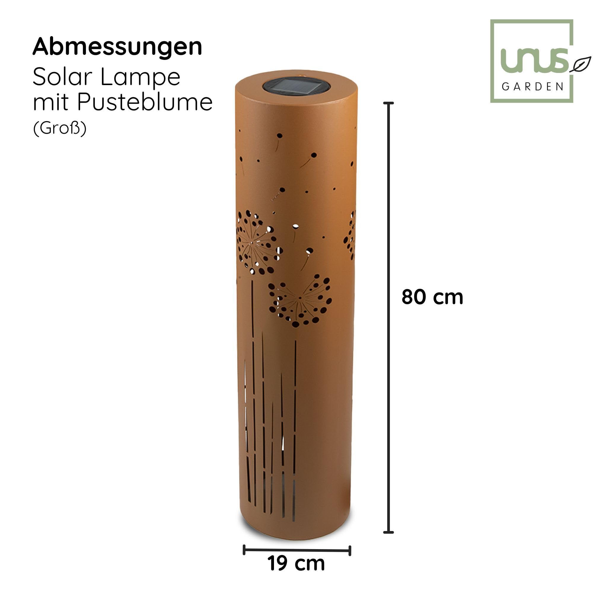 UNUS 2er Set Solarlampen für den Garten 60 cm und 80 cm, mit Pusteblume, Gartenlampen für draußen in Rostbraun, Solarlaterne für den Außenbereich als Gartenbeleuchtung