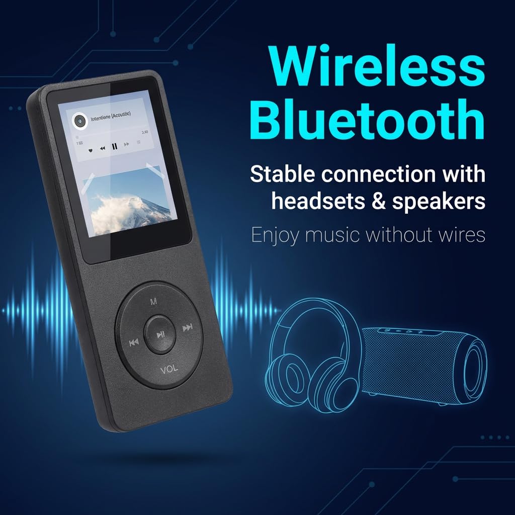 Bluetooth 5.3 MP3 Player mit Lautsprecher, 1,8 Zoll Bildschirm, Verlustfreier HiFi Bluetooth MP3 Player für Kinder und Sport, TF Kartenkompatibel, 70 Stunden Akkulaufzeit, Leicht und Praktisch