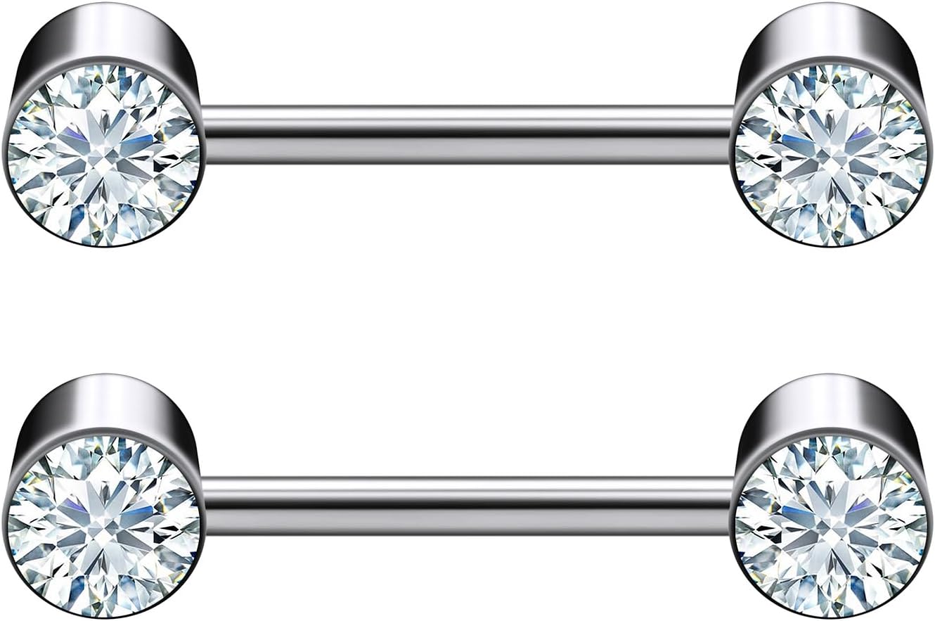 14G ASTM F136 Titanium Nipple Piercing Jewelry Round CZ Nipple Barbell Jewelry Internally Threaded G23 Solid Titanium Nipple Piercing Barbell Ring Jewelry for Women Men 14 Gauge
