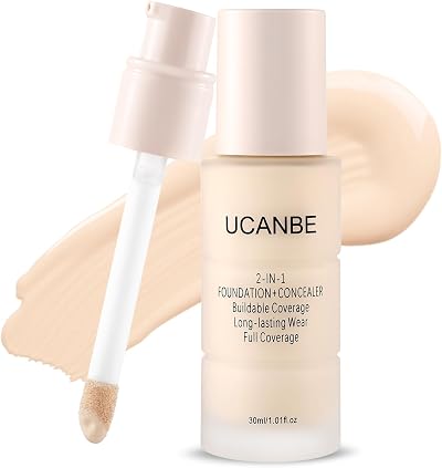 UCANBE 2-IN-1 Foundation + Concealer, Full Coverage Long-Lasting Matte Makeup for Normal, Combination and Oily Skin, Buildable Waterproof Formula with Hyaluronic Acid (02 Classic Ivory)