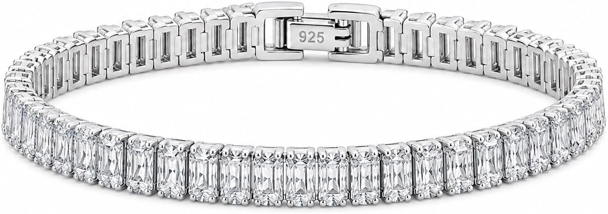 925 Sterling Silver Tennis Bracelet with Clear Rectangular Stones