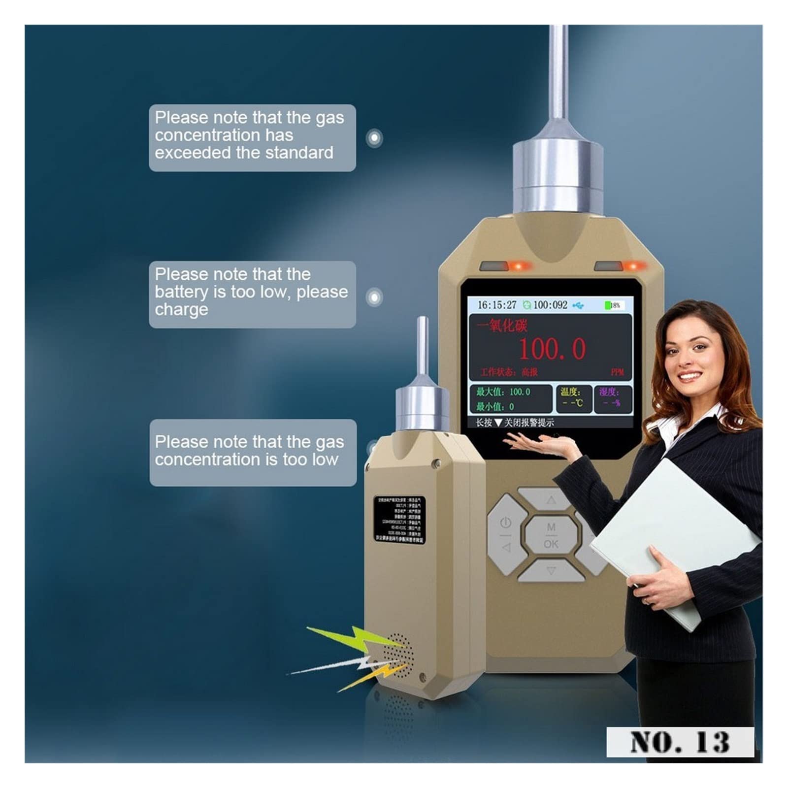 Gaswarngerät, Gasdetektor O3-Detektor Ozonpumpgasleckdetektor Ozonmonitor mit Alarmsystem Gasanalysator Professioneller Gassensor(100ppm)