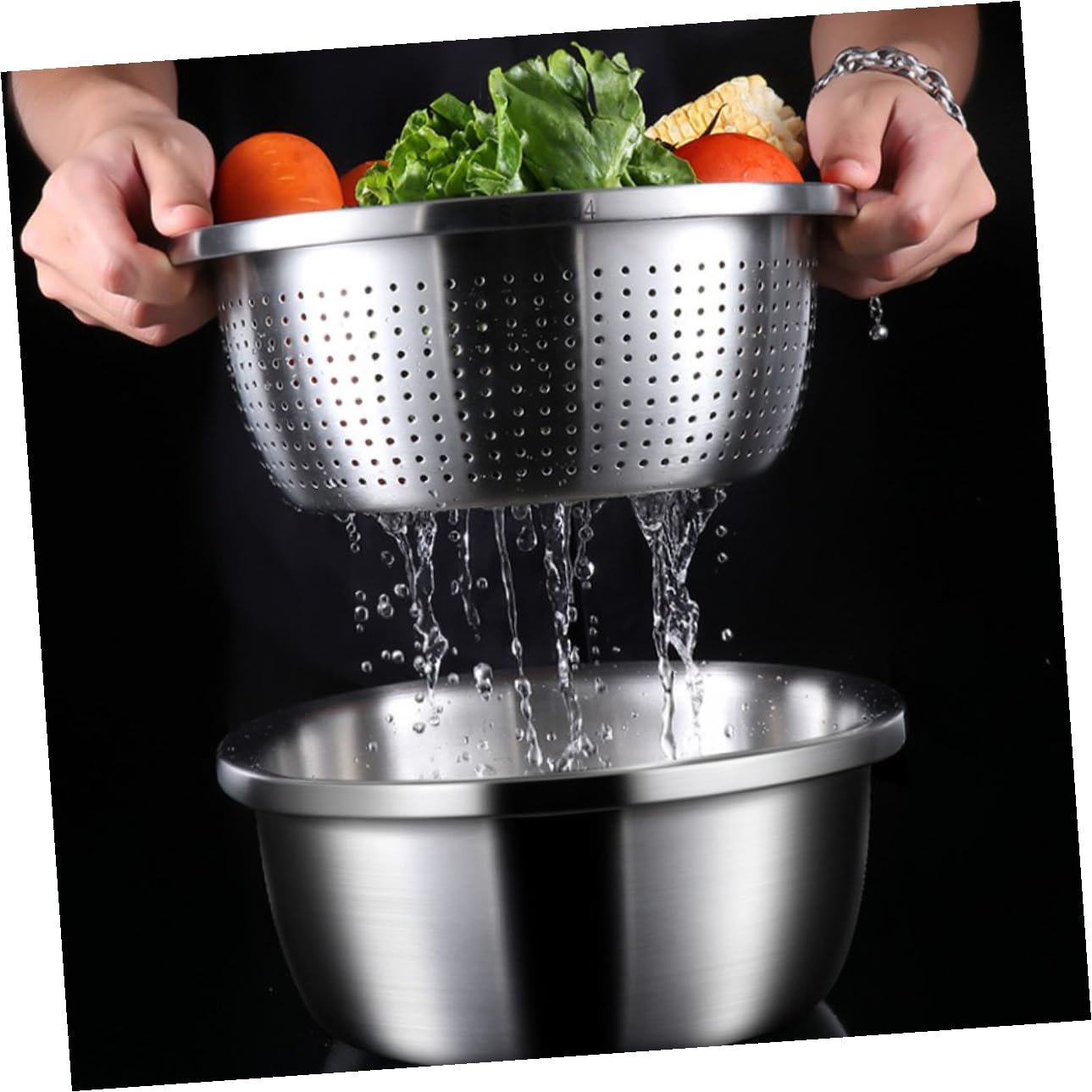 Colador Inoxidable de Acero Verduras Doble Capa | Plata, Malla Fina en Capa Interior, Portátil, para Lavar Fruta y Drenar Agua en Cocina o Camping