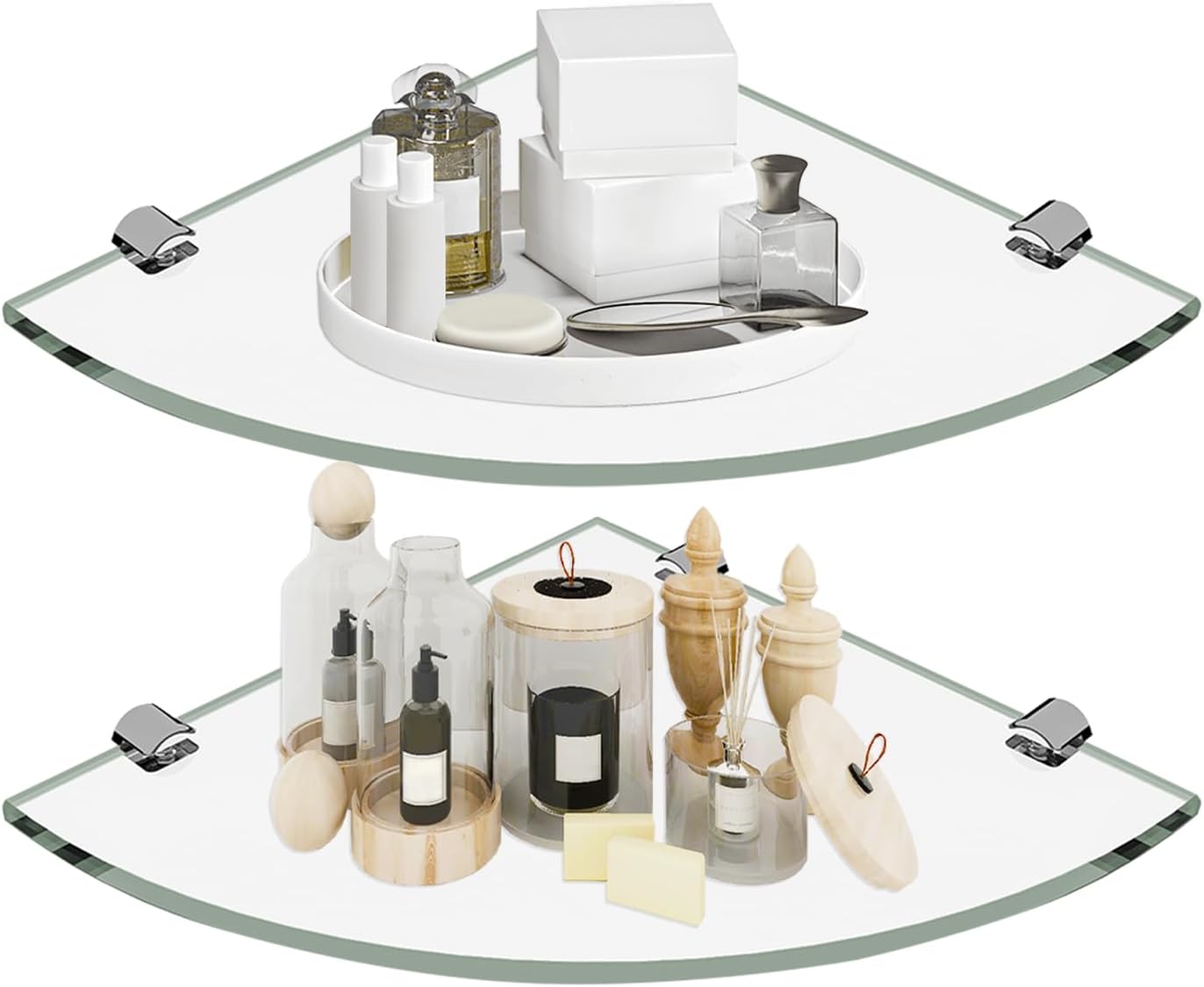 2-Pack Glass Corner Shower Shelves, Clean Glass Shower Wall Shelf for Inside Shower, 5/16"(8mm) Tempered Glass, Fan-Shaped Shower Caddy Organizer for Wall Corner, Bathroom, Living Room Transparent-fba