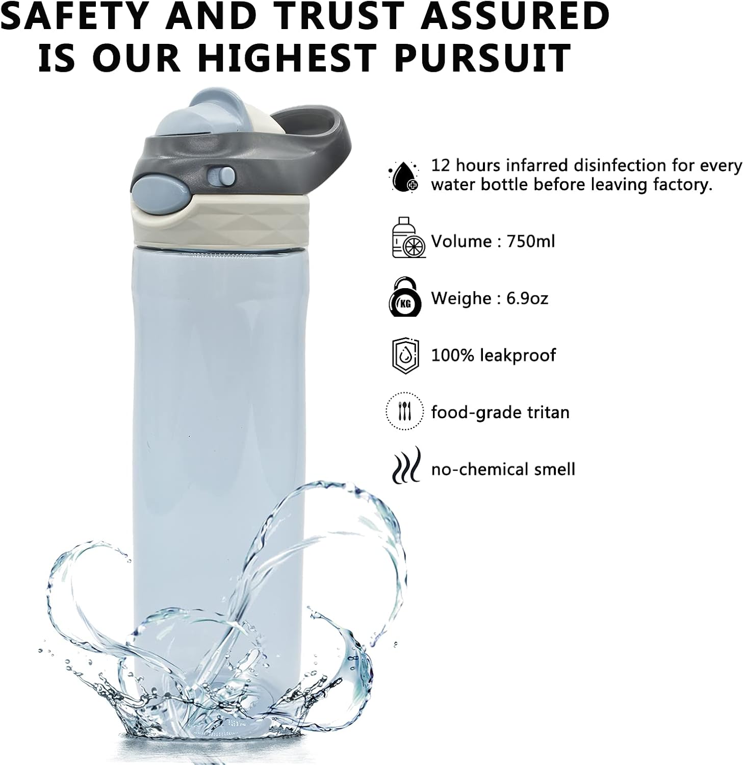DEARART 26oz Grey Water Bottle No Straw, Clear Bottles with Handle Easy Carried, Wide Mouth AUTOSPOUT Leak Proof Lockable Lid, Suit Sports Travel Office Gym etc.
