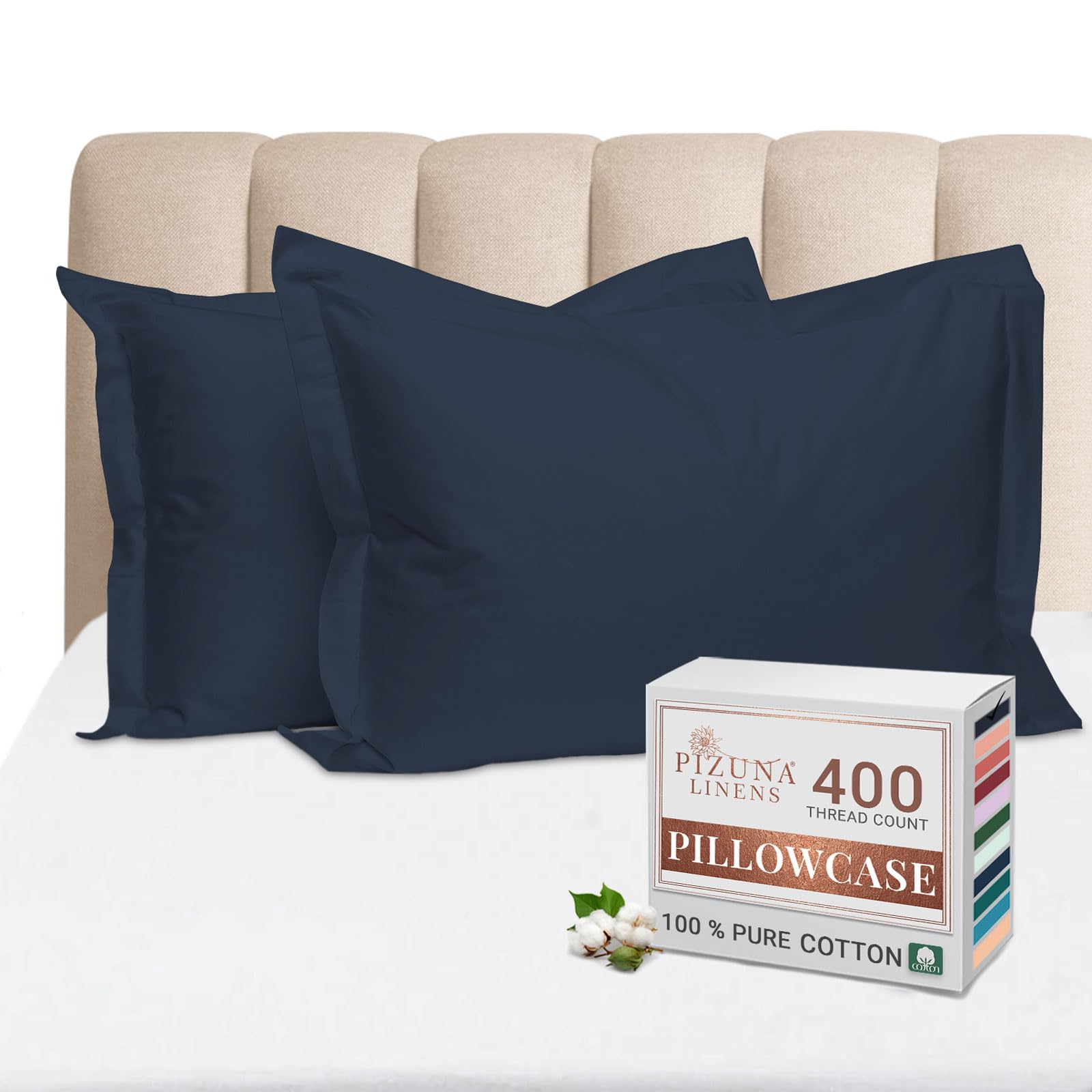 – Pizuna Pure 100% Cotton Standard Pillow Cases 50x75 cm Dark Blue, 400 Thread Count Soft Luxurious Long Staple Cotton Sateen Weave Pillow Cover With 5cm Hem (Cooling Pillowcase - 2 PC)