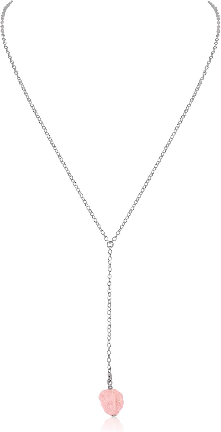 Luna Tide Rose Quartz Raw Nugget Lariat in Stainless Steel