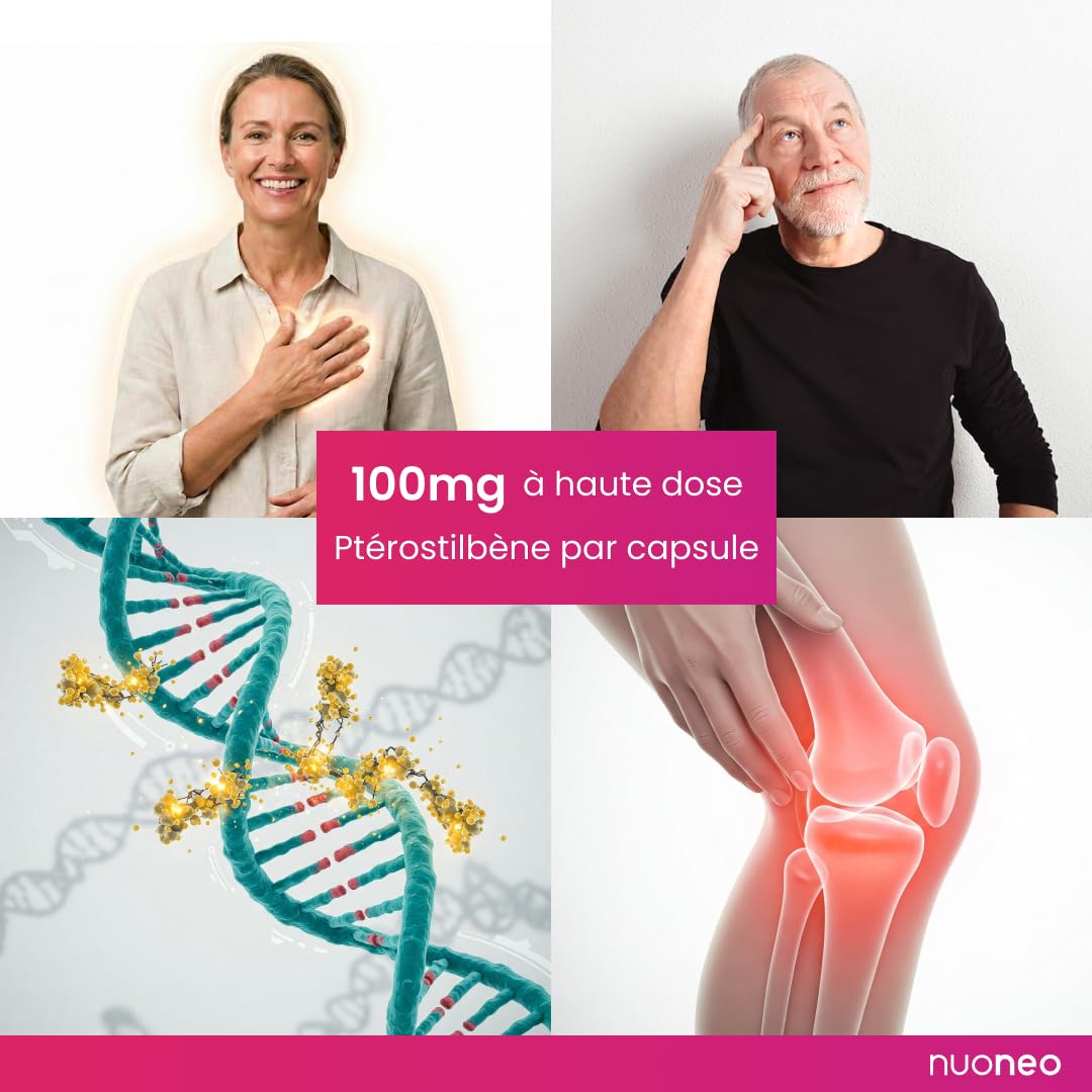 Ptérostilbène 100 mg, 90 gélules à haute dose, activateur de sirtuines et protection cellulaire, 100 mg de trans-ptérostilbène par gélule, haute biodisponibilité, végan