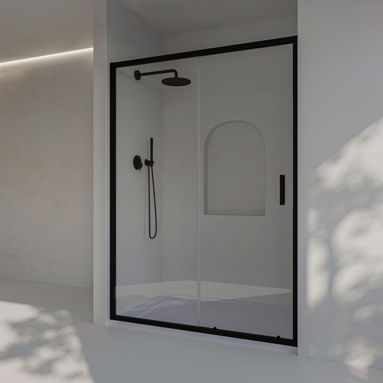 SoulHome Mampara ducha frontal 143,5 a 148cm x Alto 195cm REVERSIBLE, Negro | 1 Corredera + 1 Fijo, Con Perfil Inferior, Vidrio transparente de seguridad 6mm, tratamiento antical, Medida 145cm