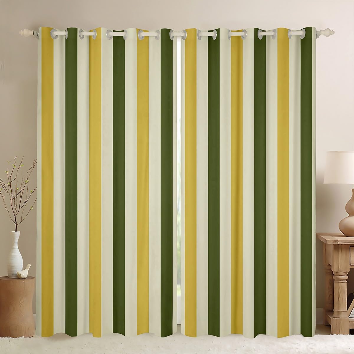 Homemissing Beige Yellow Green Curtain for Kids Boys Girls Abstract Stripes Window Drapes (2 Panels, W46*L54) Geometric 30%-50% Blackout Shades Bedroom Decor Breathable Soft Microfiber Modern