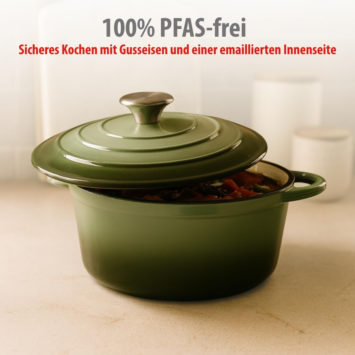 alpina Dutch Oven – Gusseisen Topf Induktion 3,8 L Ø 24 cm - Schmortopf mit Deckel – Gusseisen Bräter Spülmaschinenfest - für Alle Wärmequellen - Grün