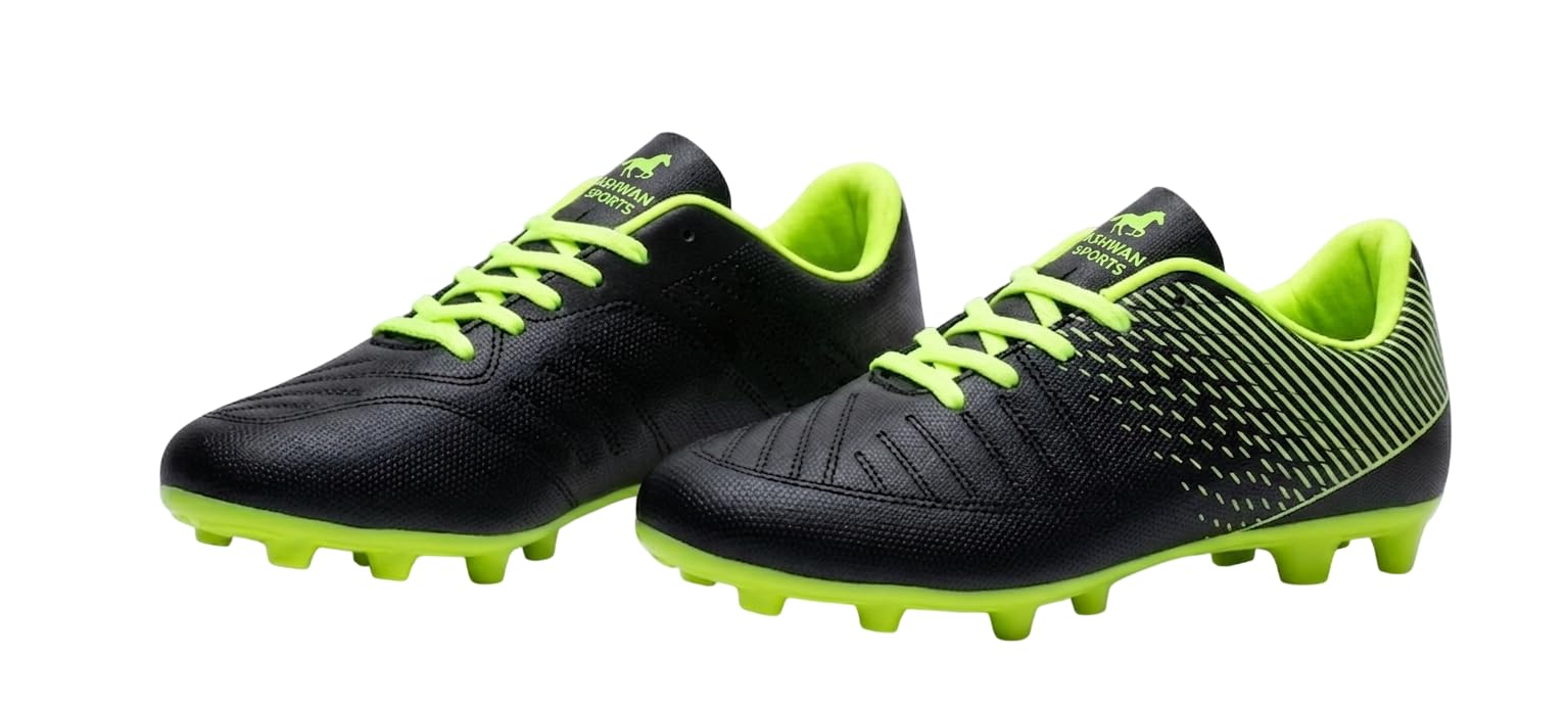 ASHWAN Football Shoes with Firm Ground Studs, Black and Neon Yellow, Lace-Up Style-image-43
