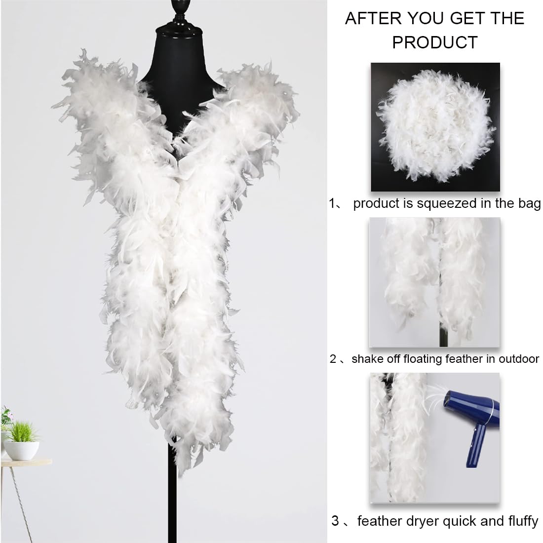 Boas de déguisement pour enfants,Écharpe en plumes de 2 m, écharpe en plumes moelleuses, adaptée aux accessoires de costume de bal, de mariage, de Noël, d'Halloween, de carnaval (blanc)