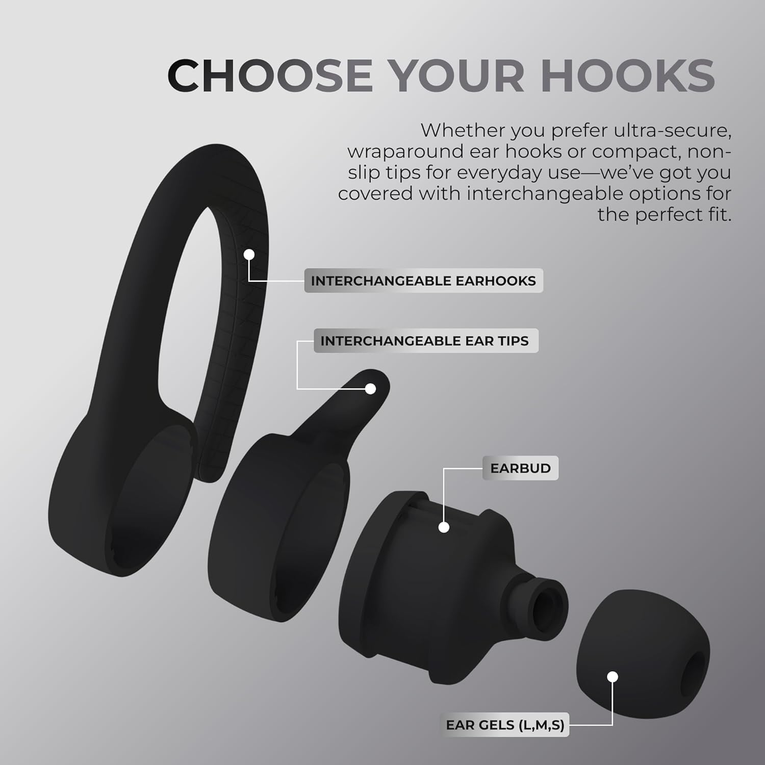 Coby True Wireless Bluetooth Earbuds Headphones with Interchangeable Ear Hooks Tips Multi-Sized Ear Gels Sweat-Resistant 14-Hour Playtime Drop-Proof Case Black