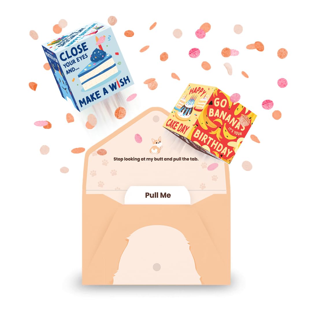 Make It MinePopBox, The Original Explosion Confetti Pop Up Corgi Birthday Greeting Card For Children With Two 3D Popup Image Cubes - Kids Exploding Birthday Popup Card
