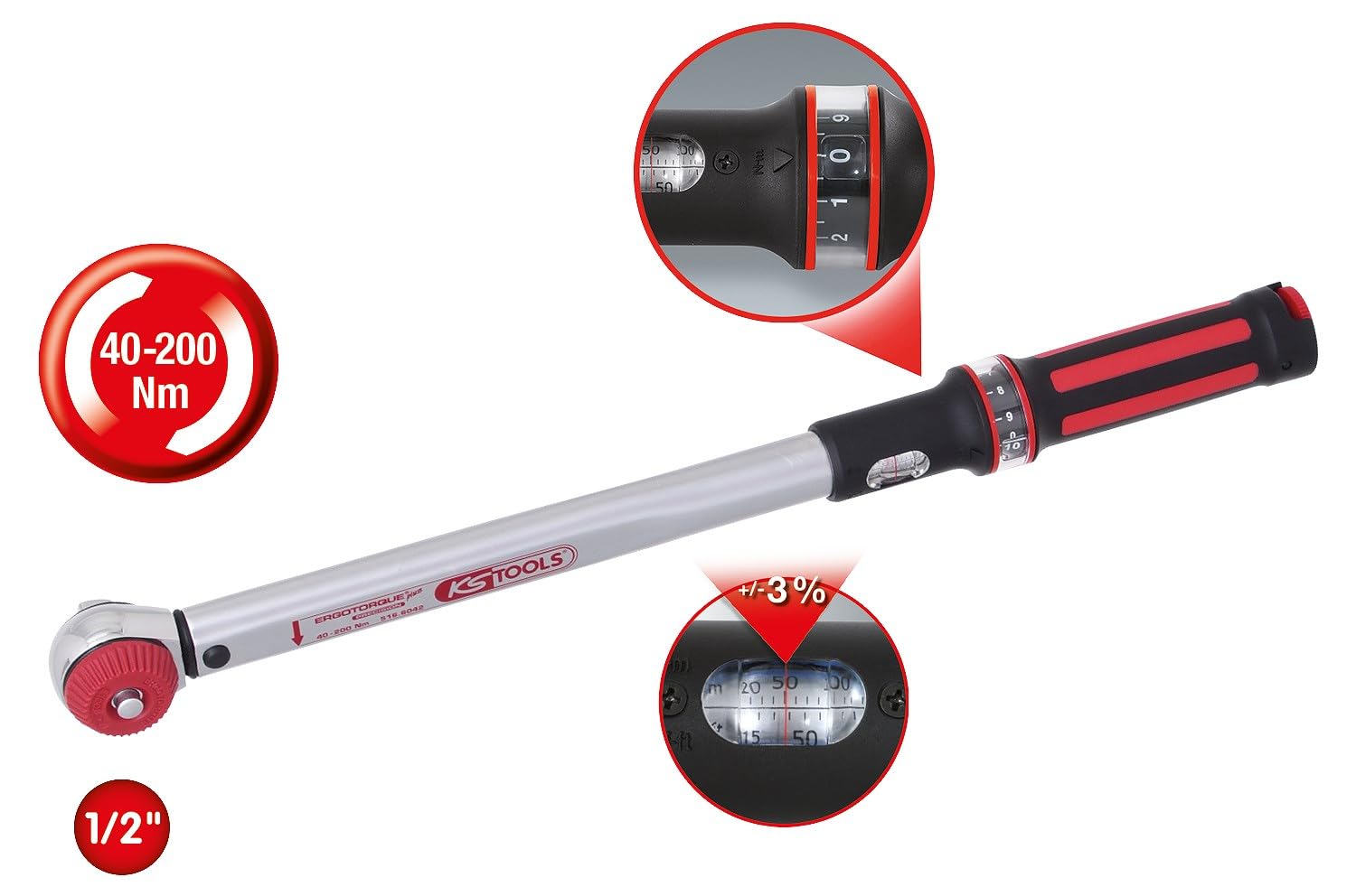 KS Tools 516.6042 1/2" ERGOTORQUE®precision klucz dynamometryczny 40-200 Nm z główką szybkomocującą typu grzybek