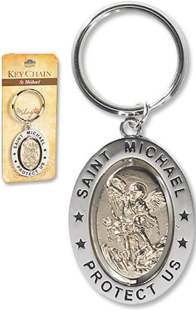 Religious Gifts Saint St Michael 3 1/4" Zinc Alloy Silver Plate Revolving Dual Tone Key Ring with Prayer