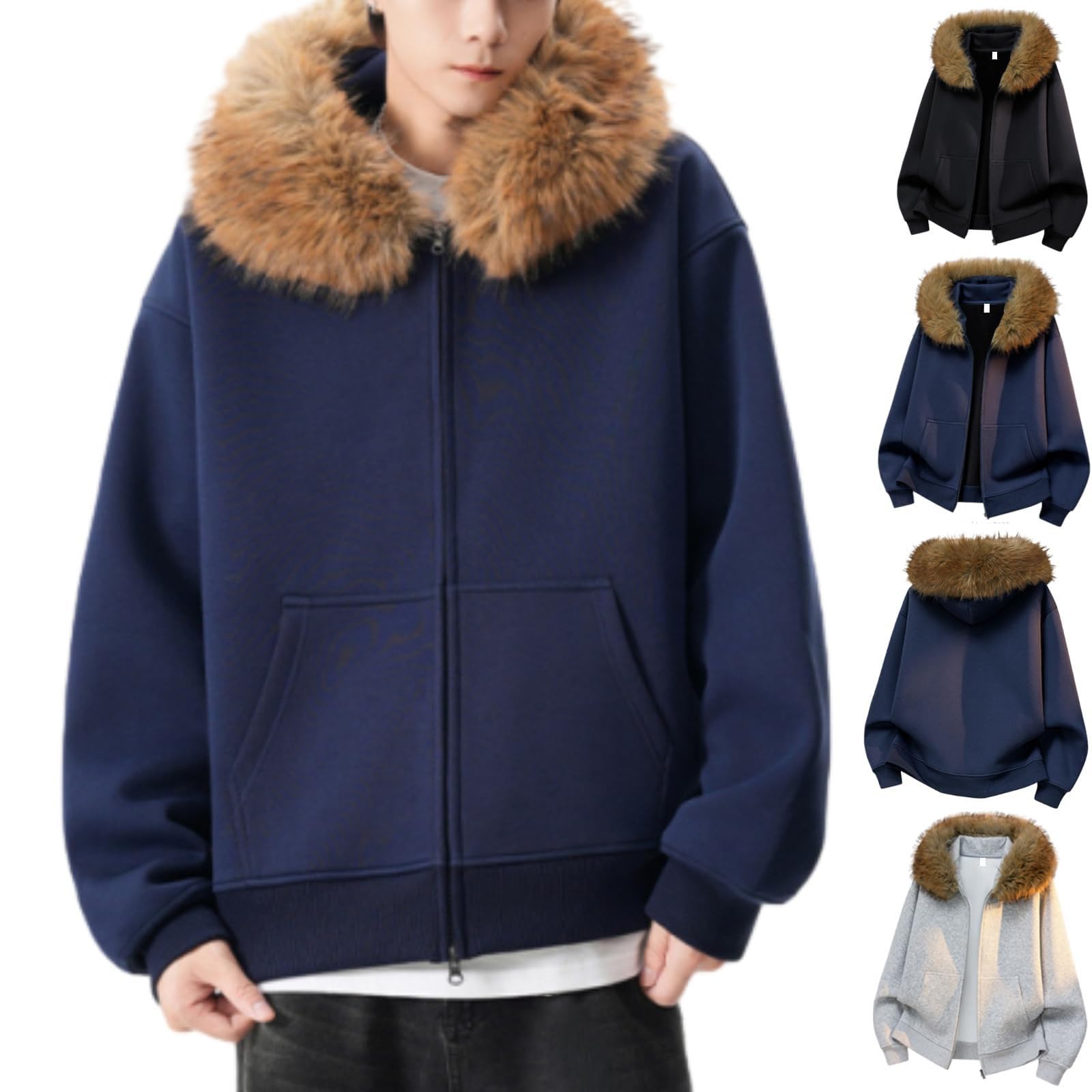 Unisex bluza z kapturem na zamek błyskawiczny bluza z futrzanym kołnierzem na co dzień sztuczne futro wykończenie polarowa kurtka z kapturem ciepły płaszcz zimowy