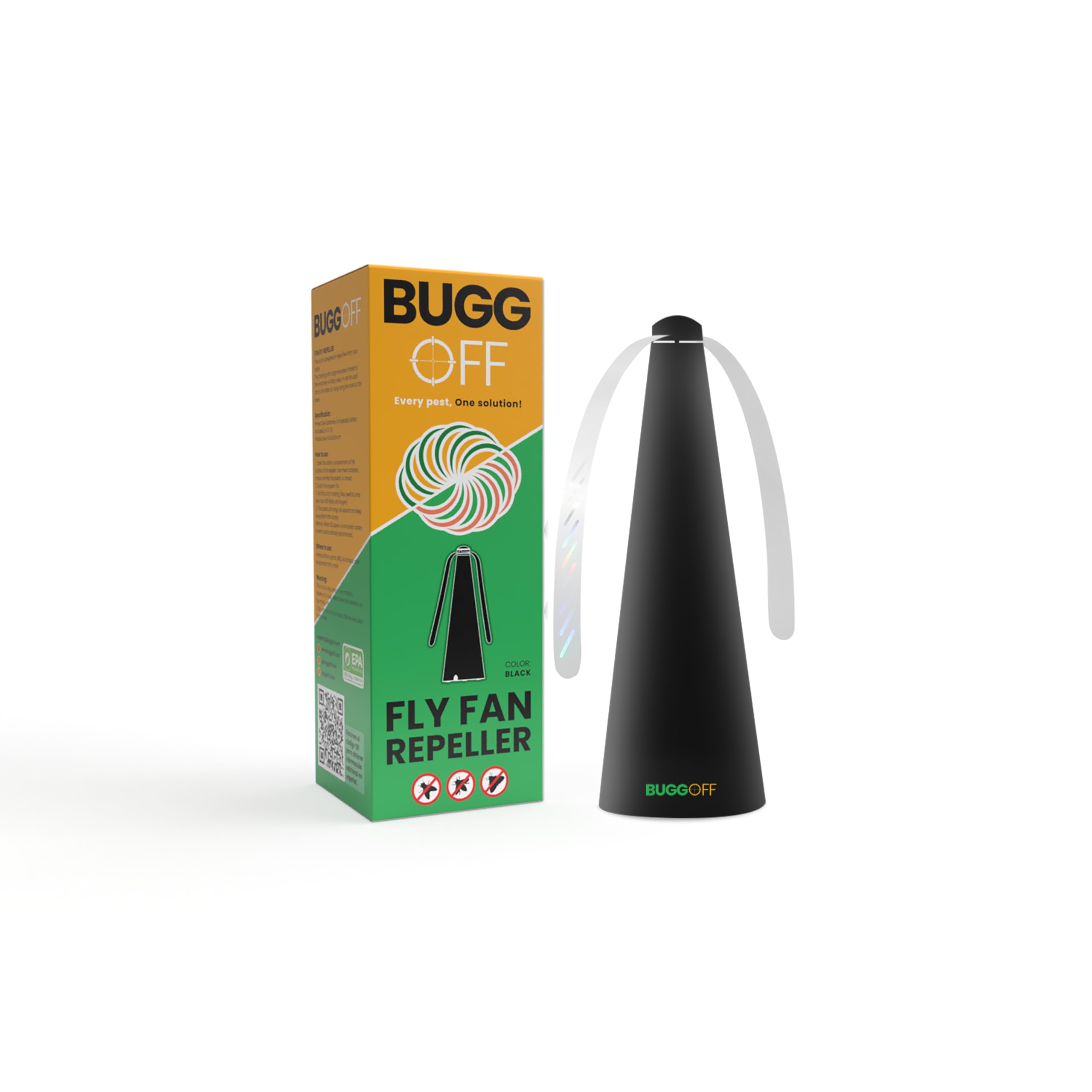 BUGGOFF - Ventilador repelente de insectos voladores y moscas negras con cuchillas dobles, mesa y colgante, funciona con pilas USB C, cable incluido. Cuchillas seguras con parada automática, paquete