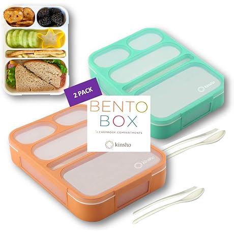 KINSHO Adult & Kids Bento Box with Leakproof 5 Compartment, Fork & Spoon
