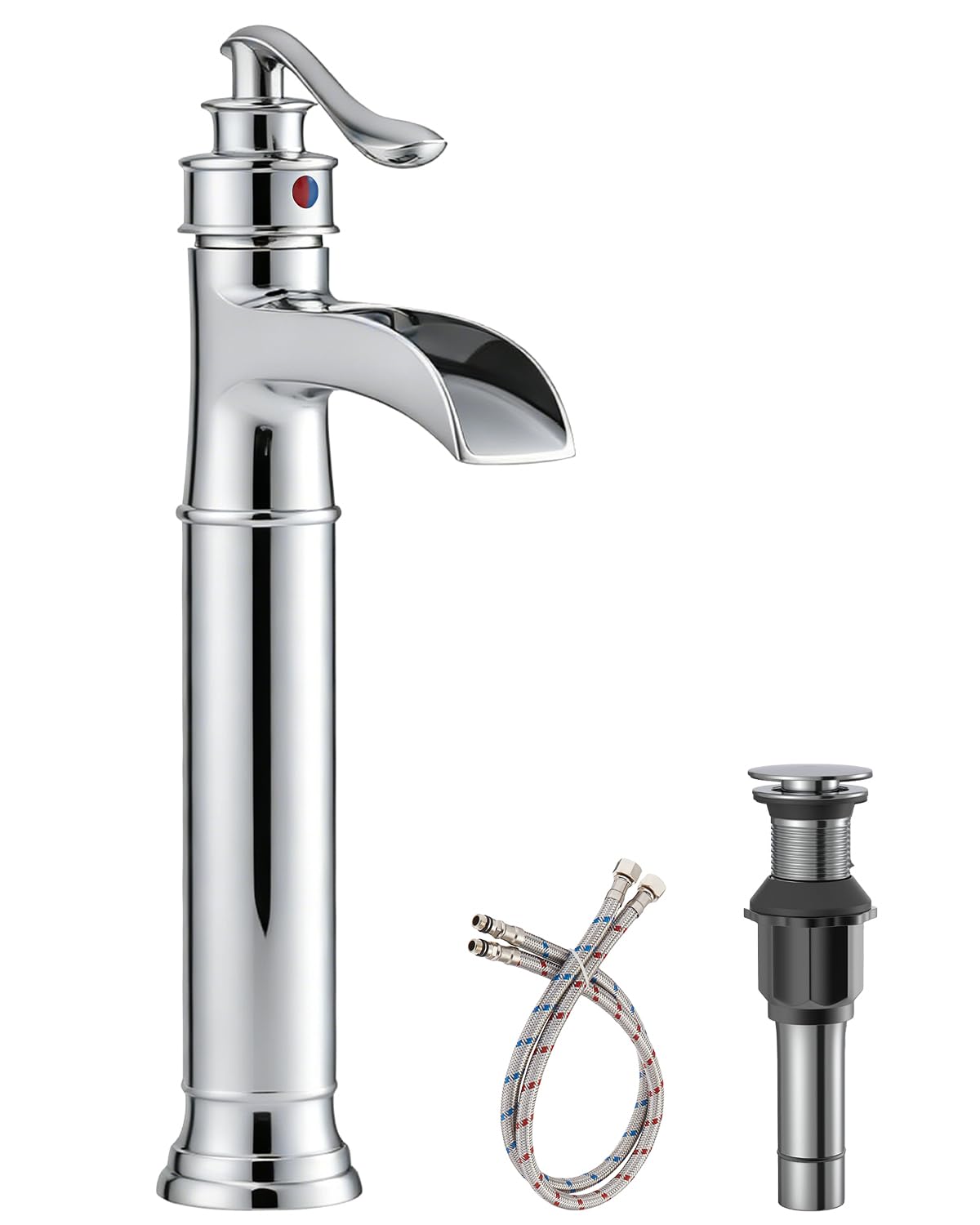 Nfusrxmbk Chrome Vessel Sink Faucet Polished Waterfall Spout Tall Body Single Hole With Brass Pop Up Drain Assembly Without Overflow Bathroom Lavatory Vanity Faucets Commercial