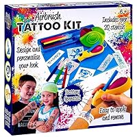 FAHAAM Airbrush Tattoo Kit for Kids Includes Battery Operated Over 20+ Stencils Easy Apply & Remove Resuable Glitter Tattoo Toys Set Tattoo Kit Maker Colourful Tattoo Set for Creative Kids. (Blue)