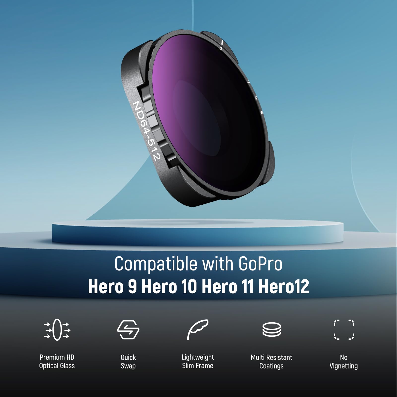 Neewer Zmienny filtr ND64-ND512 kompatybilny z GoPro 9 10 11 12, 5-9 zatrzymuje zmienny filtr ND z wielowarstwowym szkłem optycznym HD HD i smukłą ramką, bez wzoru X
