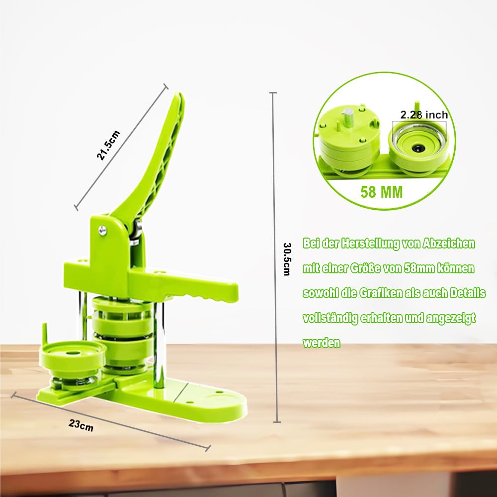 Buttonmaker Knopfmachermaschine, 58 mm Pinmaker,100-teilige Buttonteile, Pin Button Maschine, Stanzset mit Bogengriff, für DIY-Geschenke für Kinder (Grün)