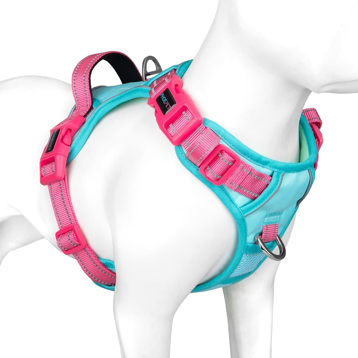 PHOEPET No Pull Dog Harness, Unique Colors Reflective Adjustable Dog Vest, with Soft Training Handle Metal Clips for Small Medium Large Dogs (Mint Green Base & Pink Straps,XS) Mint Green Base & Pink Straps XS
