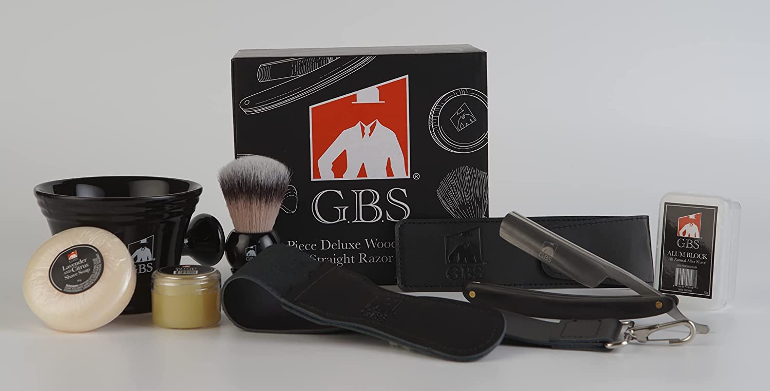 G.B.S8 Piece Deluxe Wood shaving Straight Razor Set Shave Ready