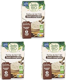 Jardin BiO étic - Farine de blé semi complète T80 - bio - Sucré - Certifié AB - Sac de 1kg (L'emballage peut varier) (Lot de 3)