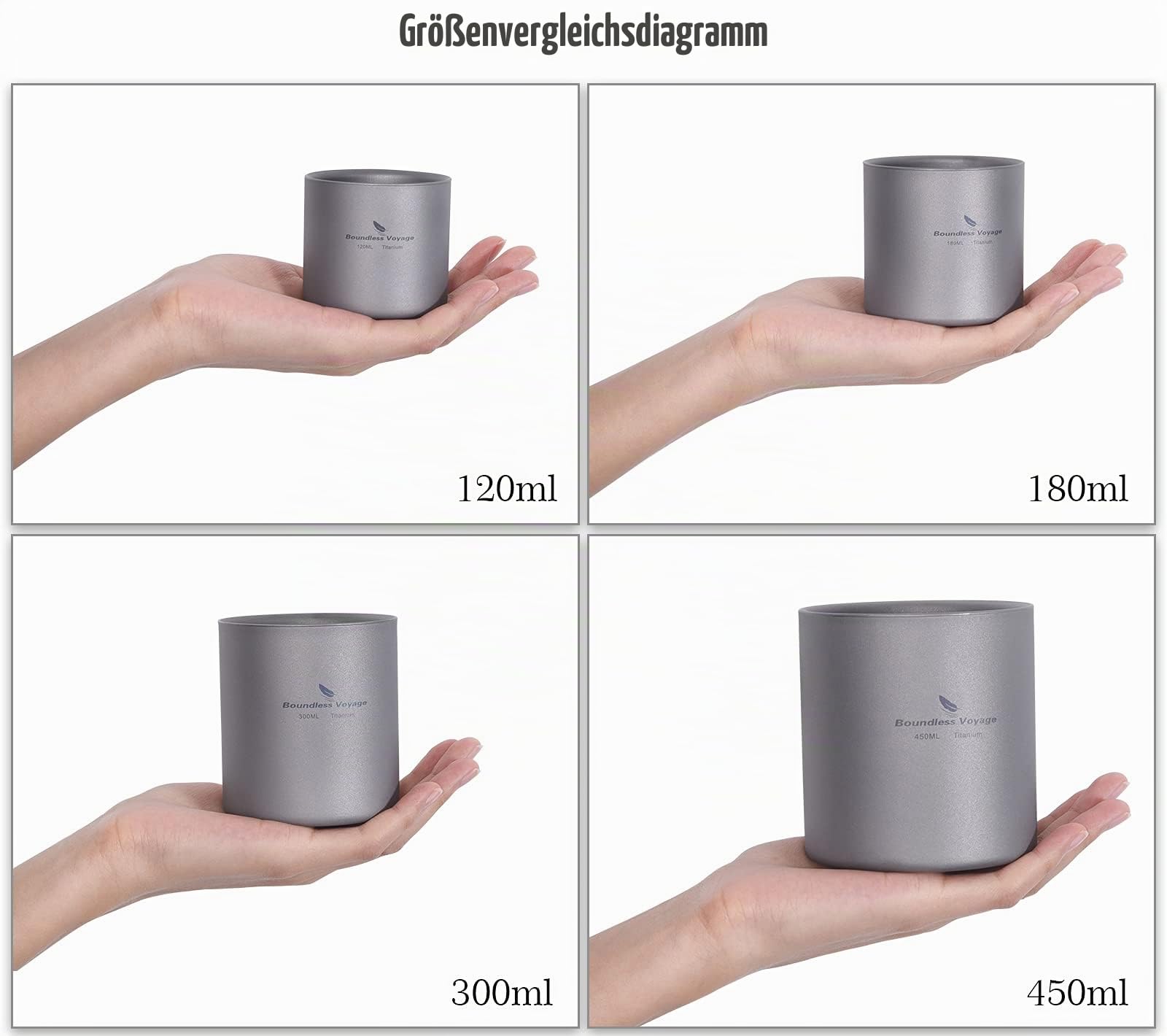 iBasingo Titan Becher 120ml 180ml 300ml 3 in 1 Reisen Doppelwandige Kaffee Trinkgeschirr Mini Isolierte Outdoor Camping Täglich Gebrauchtes Wandern Büro Tasse Leichtes Langlebiges Geschirr Ti3031D