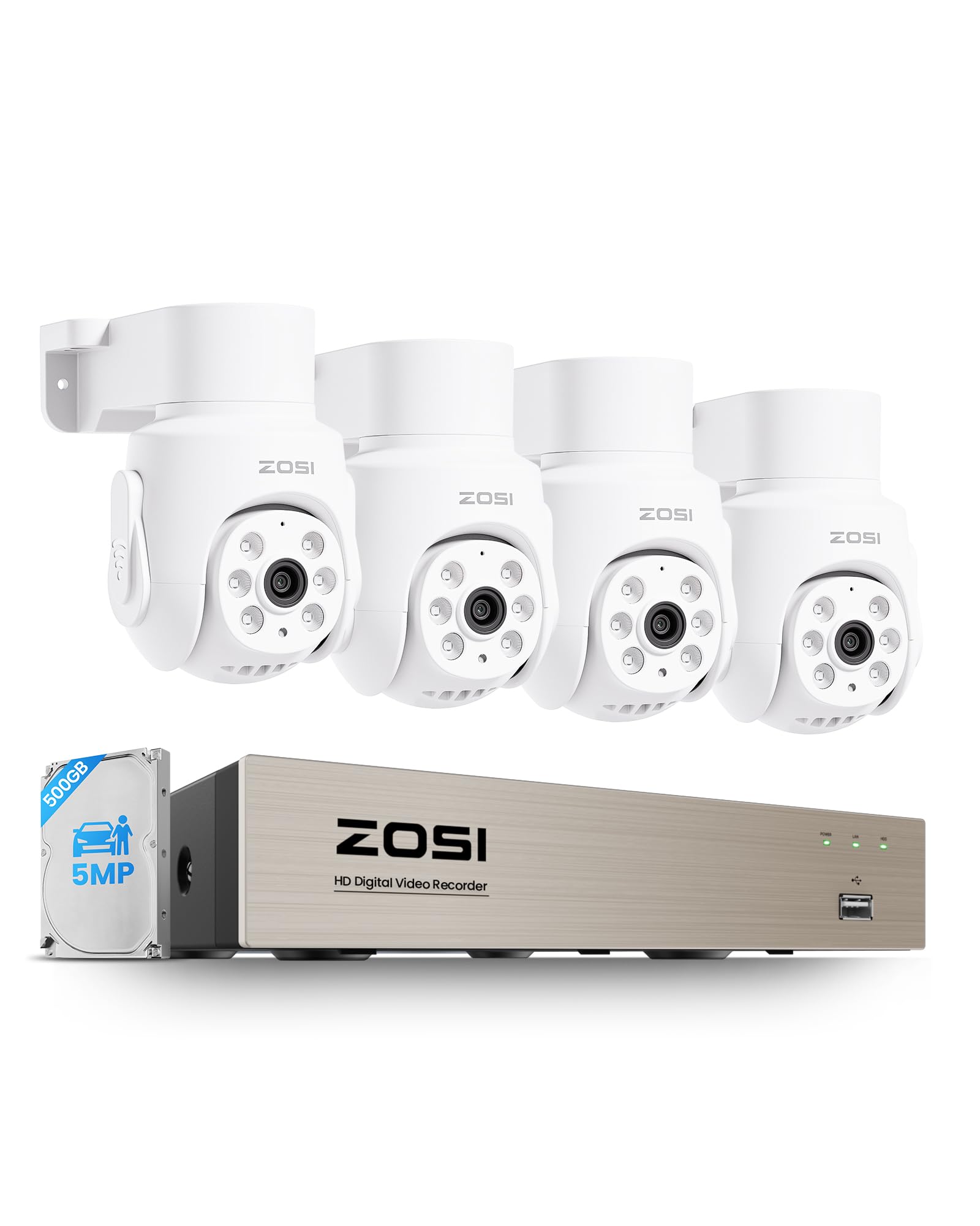 ZOSI 8CH 5MP Kit di Sorveglianza DVR con Telecamera Cablata da 500GB, 5MP Telecamera Esterna PT 360°, Rilevamento di Persona/Veicolo, Visione Notturna 20m, Registrazione 24/7