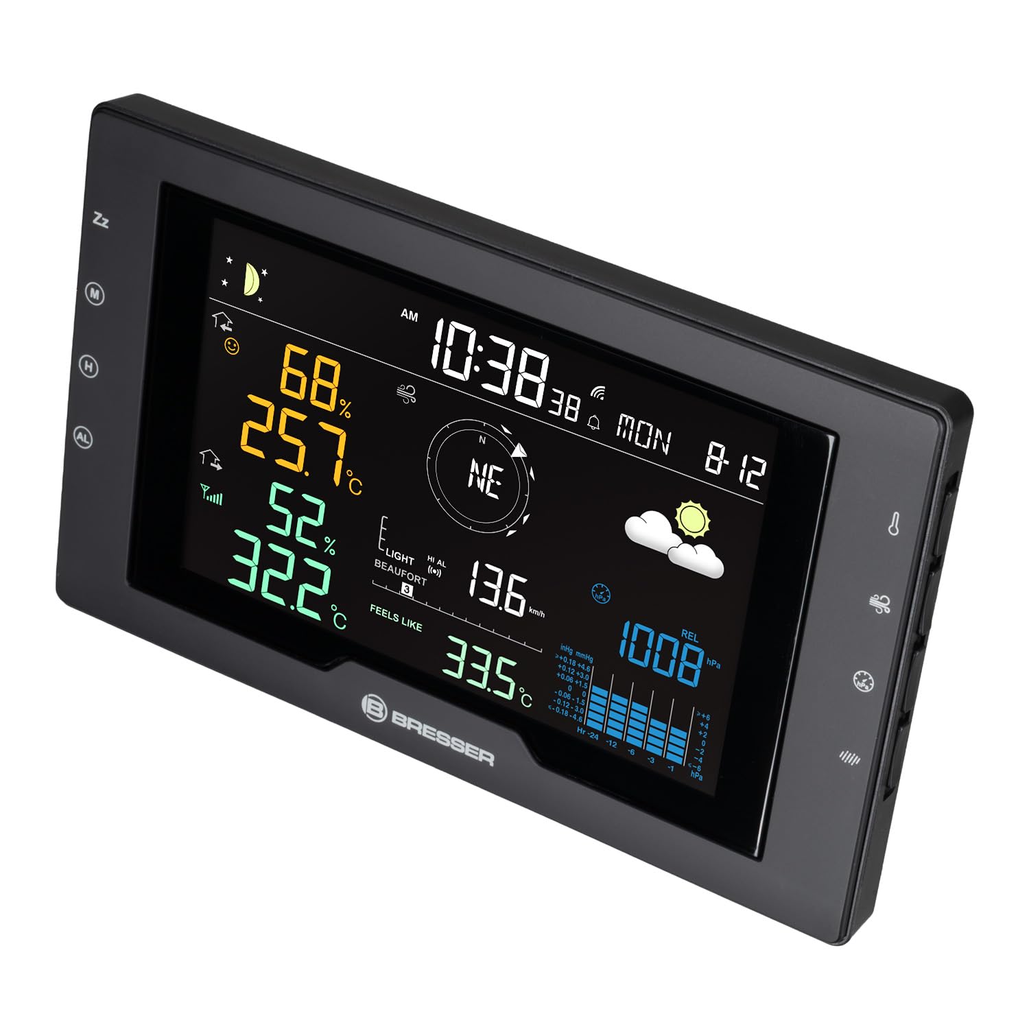Bresser Azores Stazione meteo professionale con sensore esterno 5 in 1 | Temperatura interna ed esterna, umidità, pluviometro, anemometro, previsioni meteo, avviso gelo, scala Beaufort