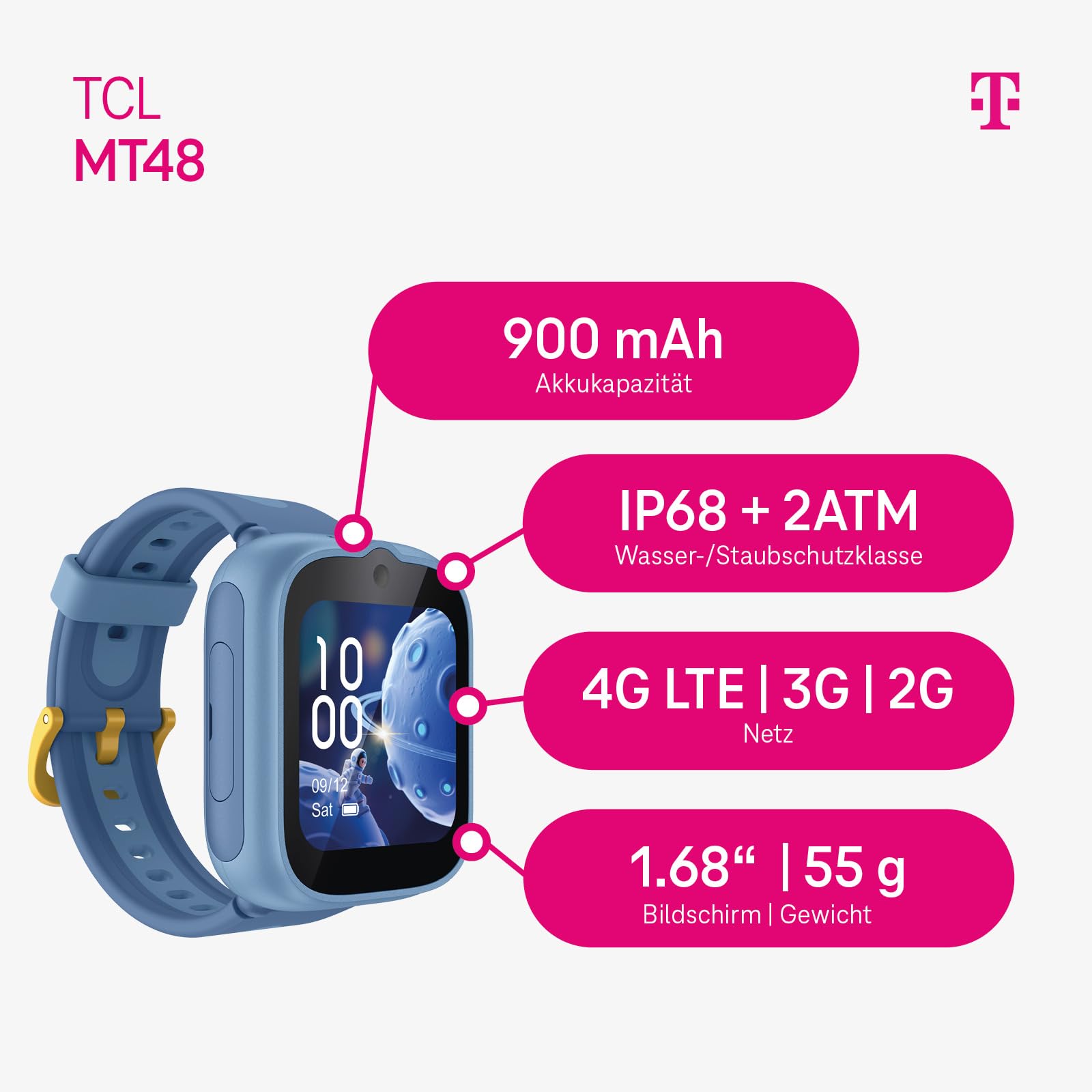 TCL MT48X 4G Kinder-Smartwatch, Galactic Blue, GPS, LTE-Anrufe, Notfall-Knopf, Wasserdicht 5ATM, mit Telekom SIM-Karte & 30€ Amazon-Gutschein