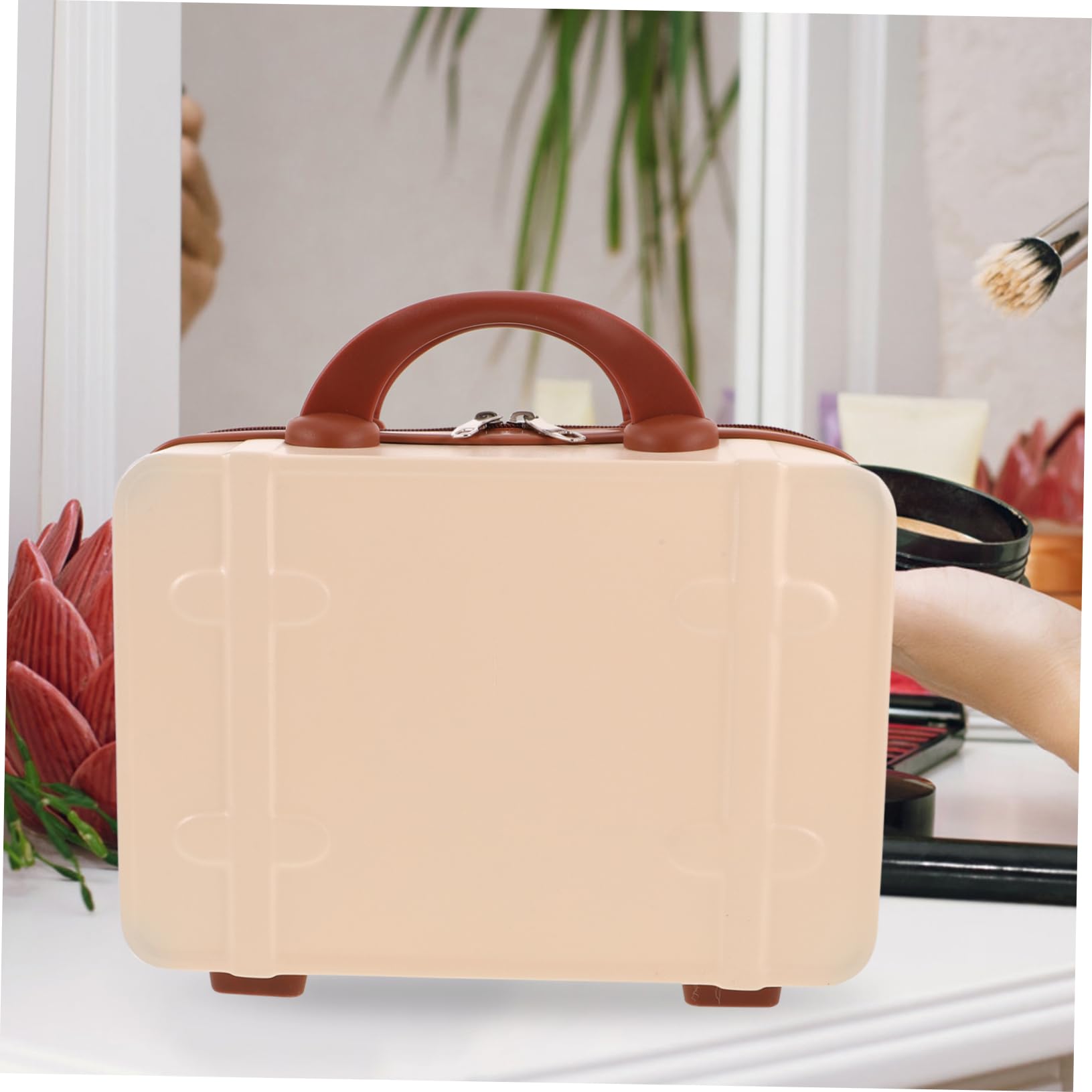 Maleta de Maquillaje Retro de Mano 14 Pulgadas Abs Beige | Interior Varios Compartimentos, para Viaje y Uso Diario, Diseño Vintage Inspirado