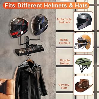 Motorcycle Helmet Holder Wall Mount, Rustic Helmet Rack with 2 Ball Hangers and Storage Space for Motorcycle Gear Accessories, The Double Hooks for Key/Jacket Hanging