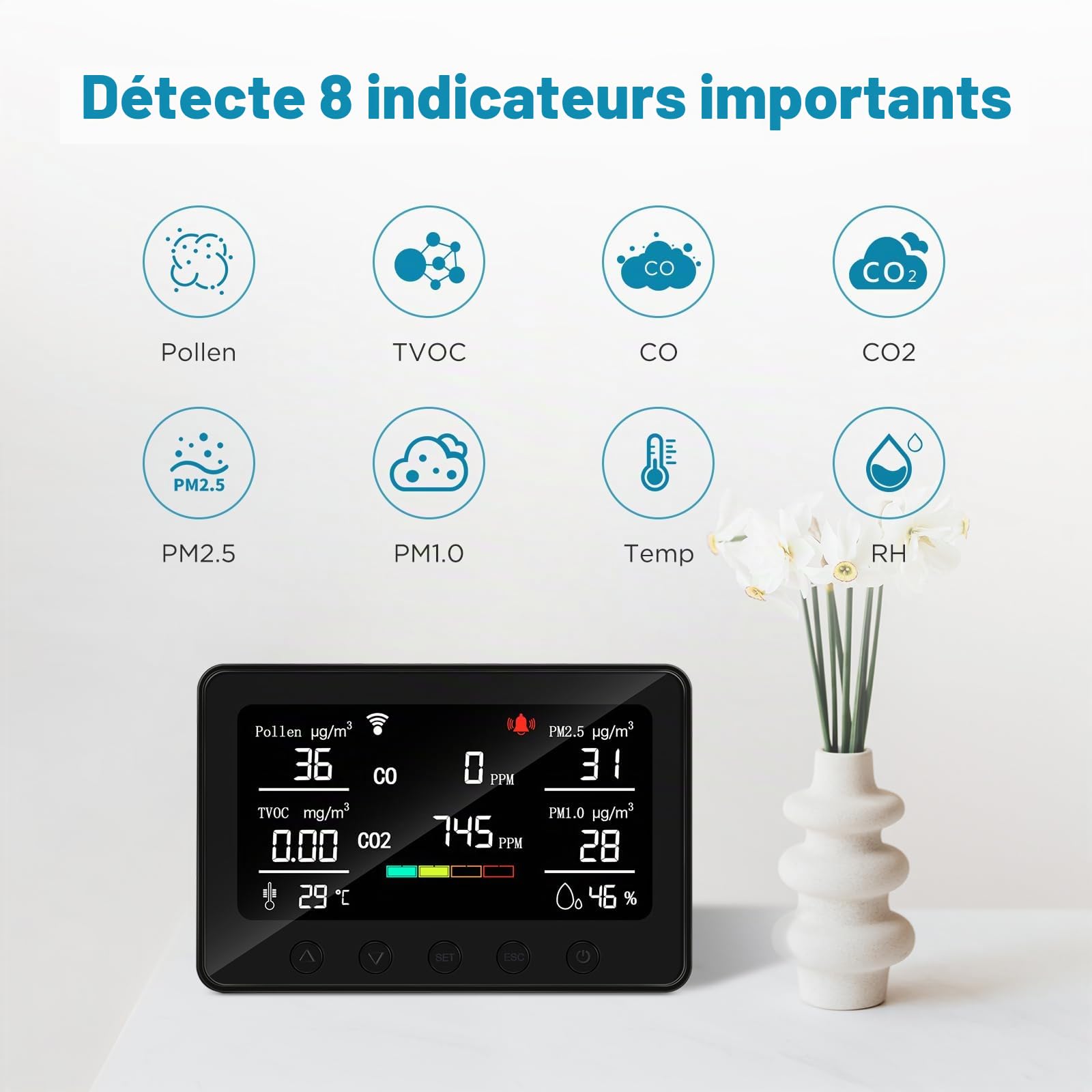 CF-30 Appareil de mesure de la qualité de l'air pour pollen, CO2, PM2,5, PM1,0, TVOC, température, humidité, CO2 avec grand écran LCD, application de configuration et historique des données