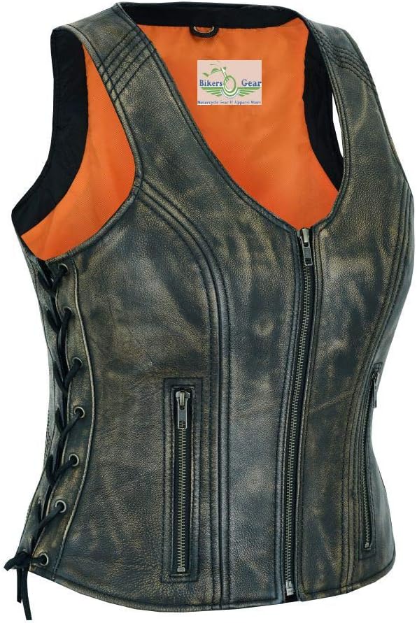 bikersgearonline LADIES MOTORCYCLE RIDERS DISTRESSED BROWN SOFT LEATHER VEST W/SIDE LACES