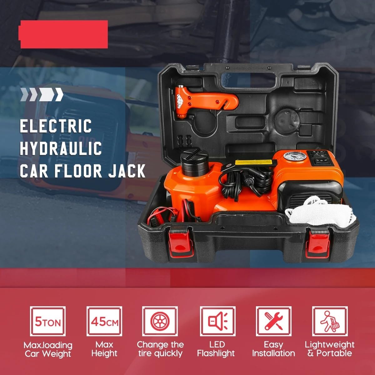 Podnośnik samochodowy 12 V 5 T 45 cm Hydrauliczne rolowanie podłogi 3 w 1 | Bezpieczny młotek do pompowania opon Jack