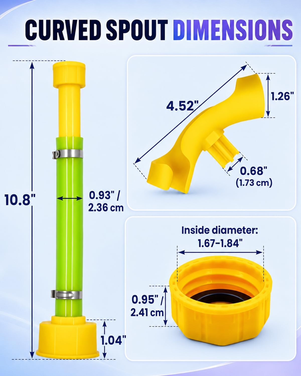 2 PCS 10.8'' Gas Can Spout Replacement with 2 PCS Hose Bender and 4 PCS Yellow Gas Cap Compatible with Midwest Scepter Gas Cans Fit for 1/2/5/10 Gallon Fuel Jugs that feature 1.75''-1.8''