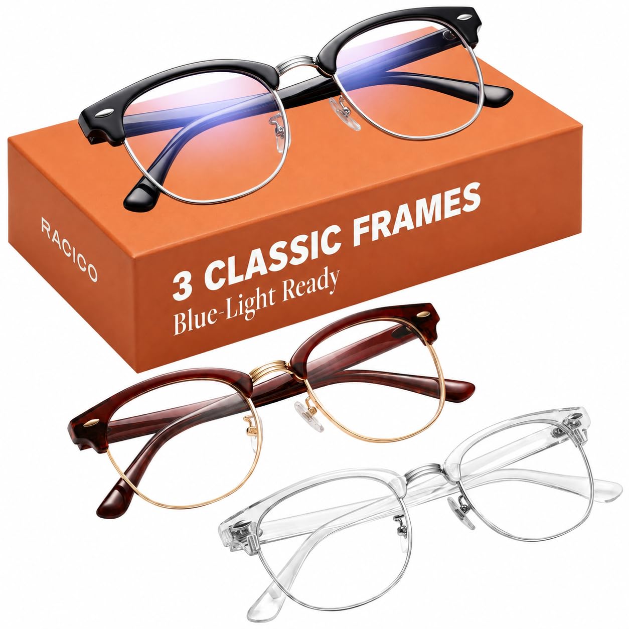 racico Gafas de bloqueo de luz azul para computadora, paquete de 3 lentes de luz azul para hombres y mujeres, lentes de juego transparentes antiBlu-Ray